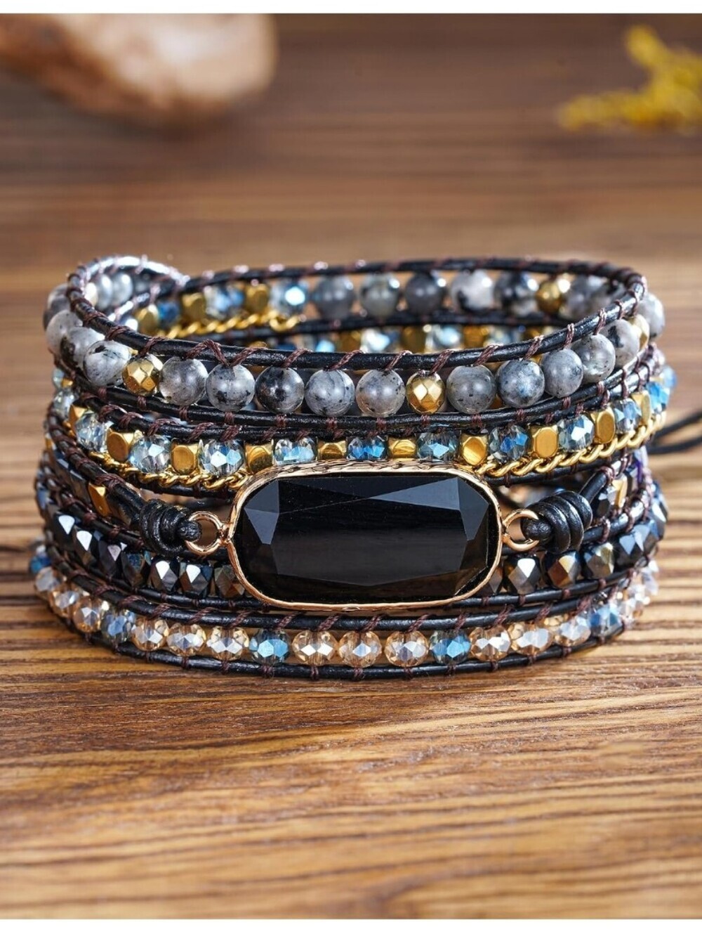 Handmade Black Stone Multi-Strand Wrap Bracelet - Women Jewelry